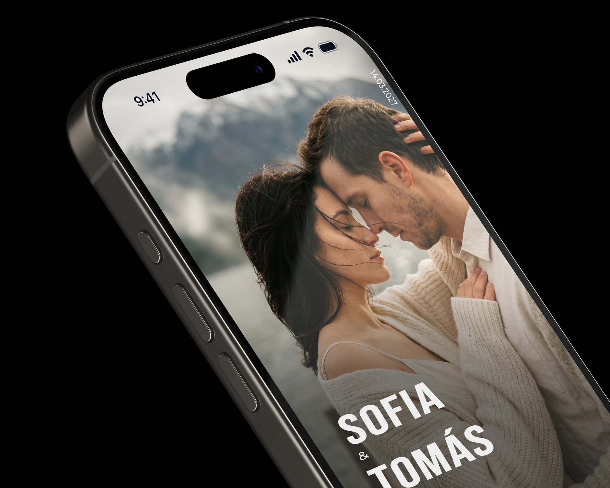 Sofía y Tomás — invitación SEIV en iPhone, estilo template Santorini