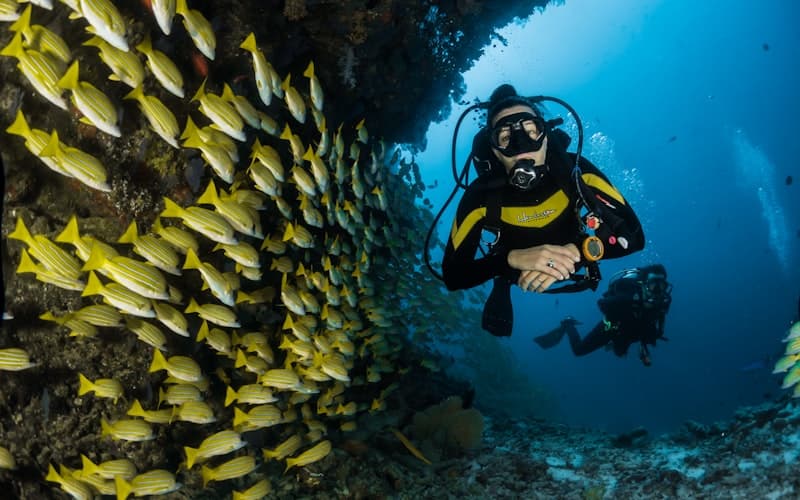 Pareja haciendo snorkel en aguas cristalinas durante su luna de miel
